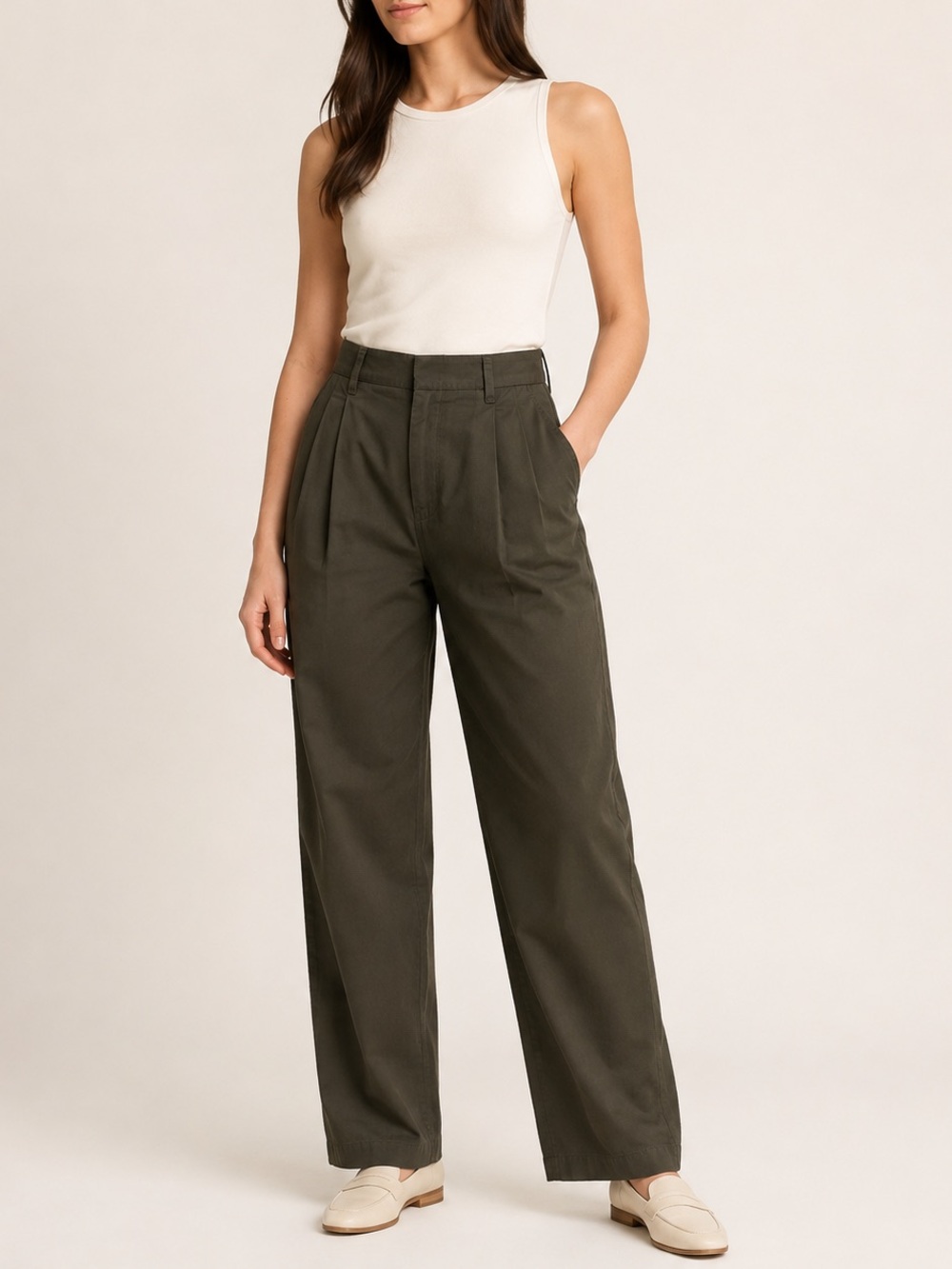 A New Day Olive Green Pleated High-Rise Straight Leg Pants Size 4